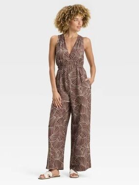 A New Day Women's Jumpsuit - A New Day Brown Shell XS S Brown Leaf XSmall Small